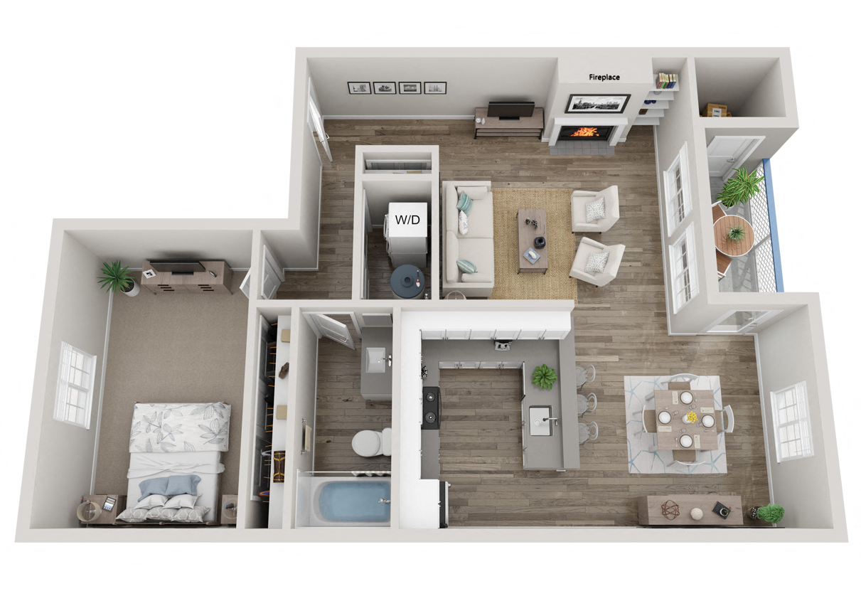 Floor plan for 1 bed, 1 bath, 770 sqft